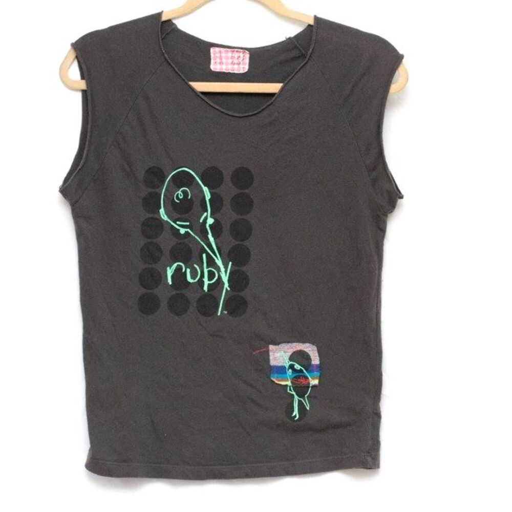 Women Upcycled Graphic & Patch Muscle Tee Charcoal Grey By Artist Ruby Sz L